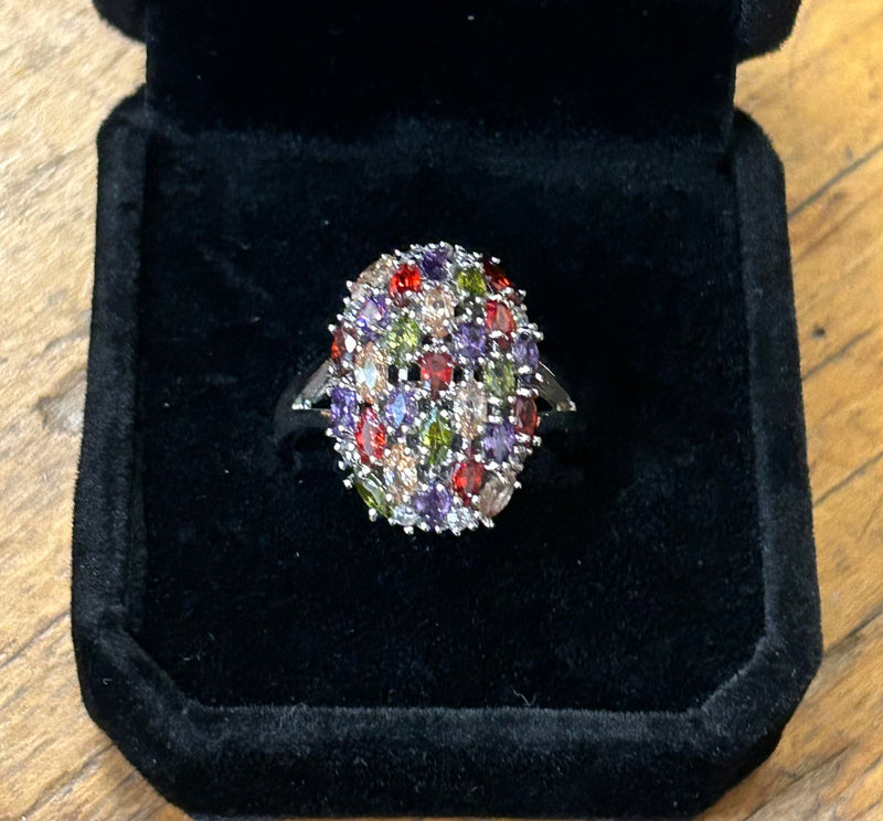 Vintage Sterling Silver Multi Gemstone Ring – Modern Oval Statement Ring