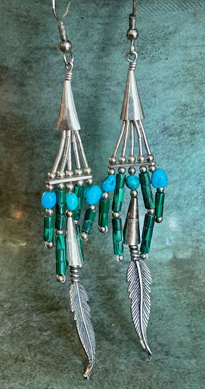 Vintage Sterling Silver Turquoise / Malachite Earring 3" Long