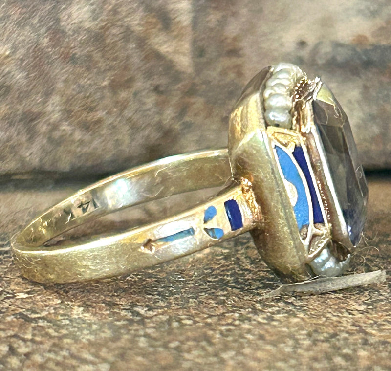 Art Deco 14K Synthetic sapphire with enamel and seed pearls, size 6 1/2