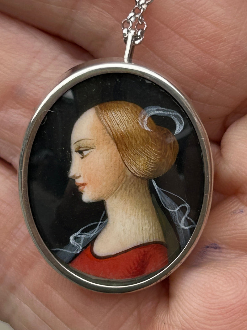 Victorian 800 silver hand painted portrait on an 18” sterling chain. Pendant/pin 1” x 7/8”
