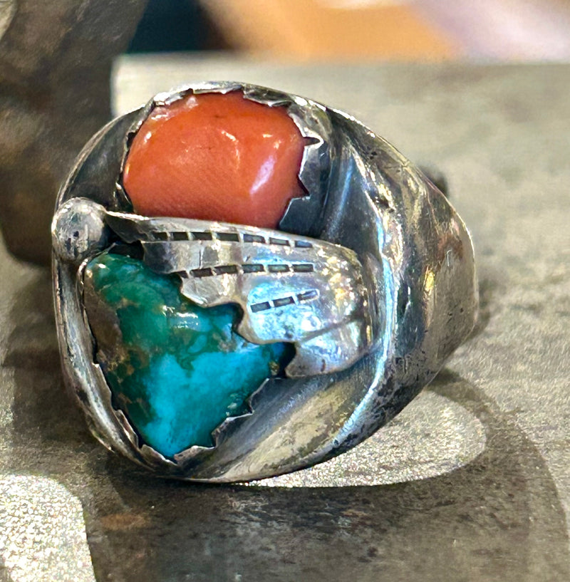 Sterling silver Navajo Turquoise and coral ring, size 10 1/2