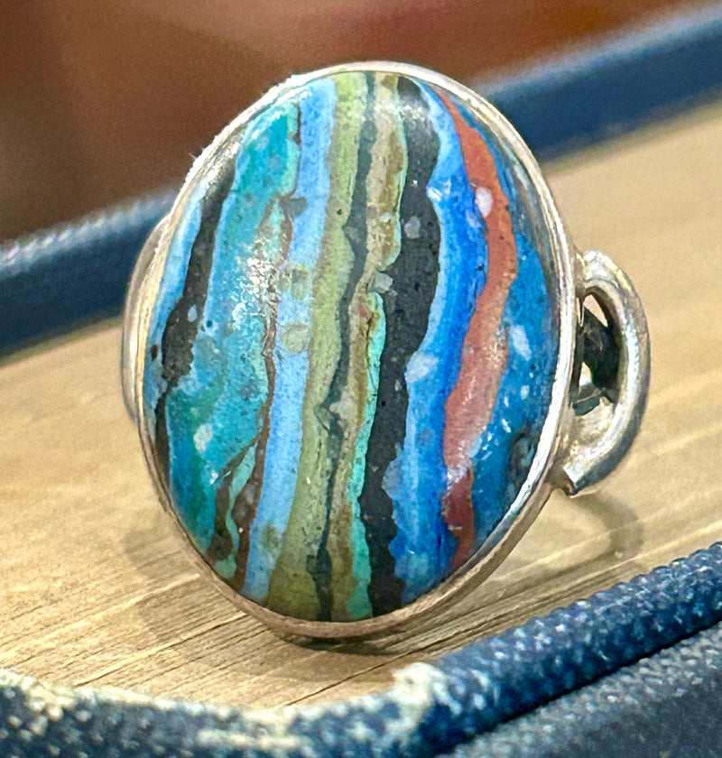 Vintage Sterling Silver Rainbow Calsilica Ring size 7