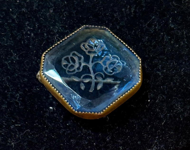 Vintage etched floral design on blue glass pin 1 x 1