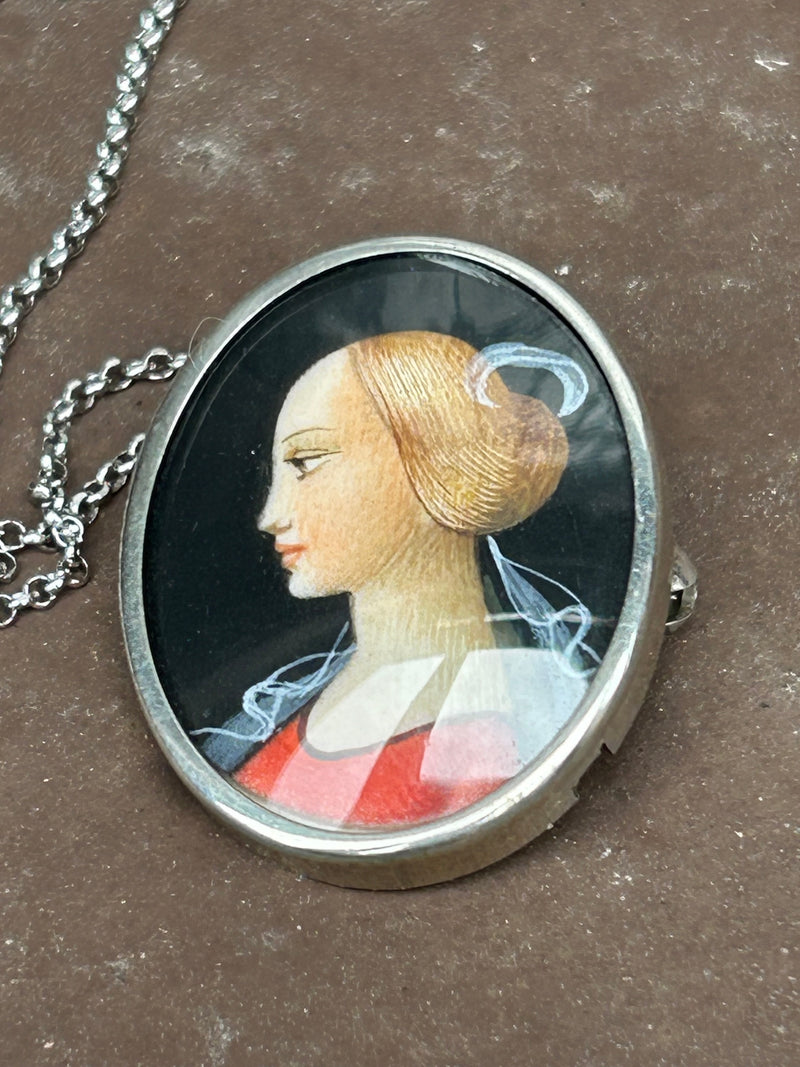 Victorian 800 silver hand painted portrait on an 18” sterling chain. Pendant/pin 1” x 7/8”