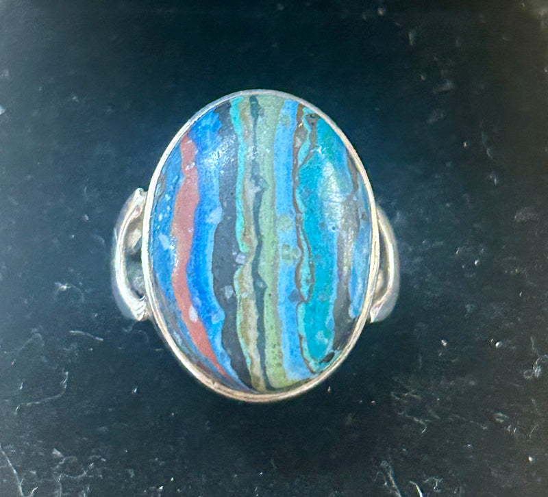 Vintage Sterling Silver Rainbow Calsilica Ring size 7