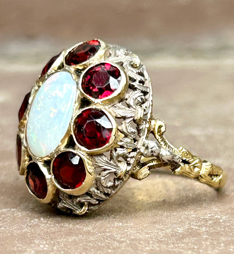 18K Opal and Garnet Ring Deco