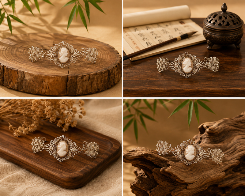 Sterling Silver Cameo Filigree Cuff Bracelet
