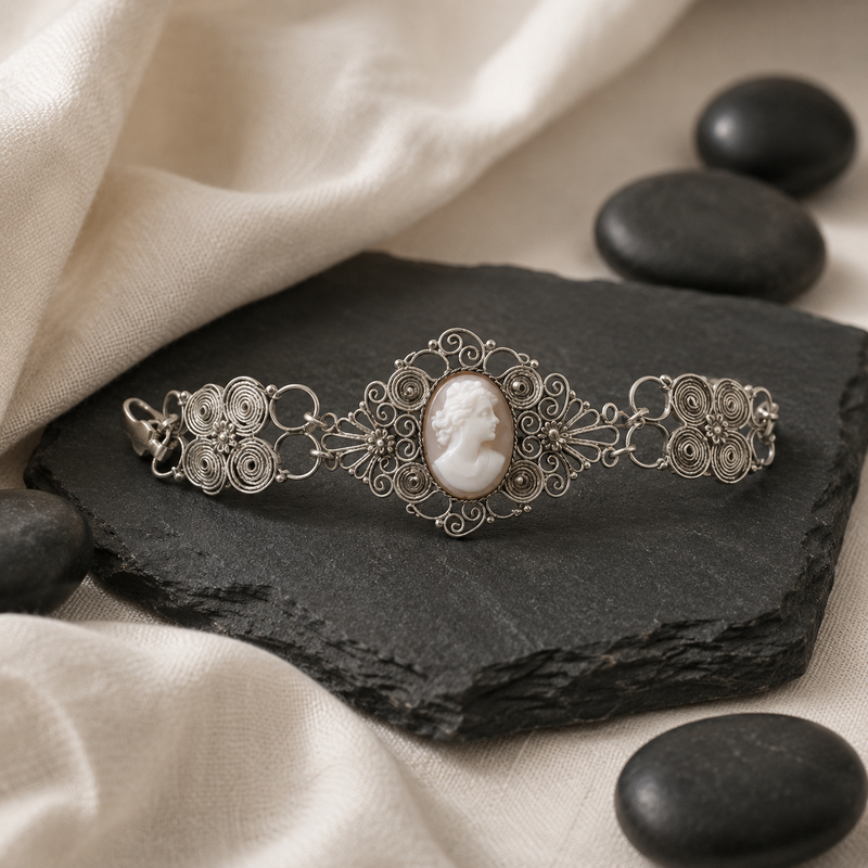 Sterling Silver Cameo Filigree Cuff Bracelet