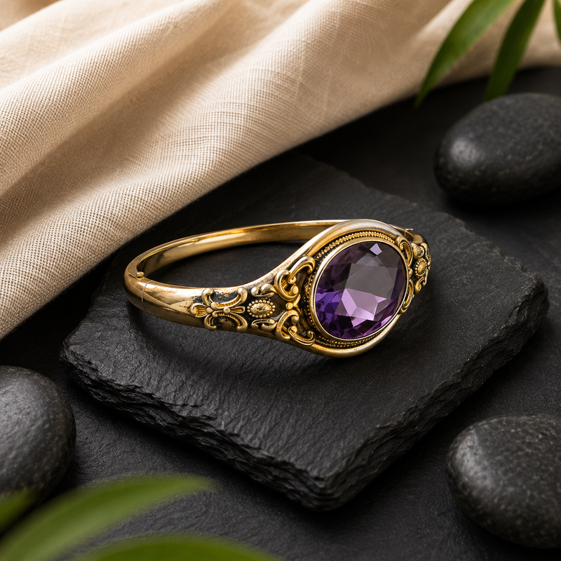 Victorian Gold Filled Bangle with Purple Stone – Antique Hinged Bracelet | Estate Jewelry | Romantic Vintage Style