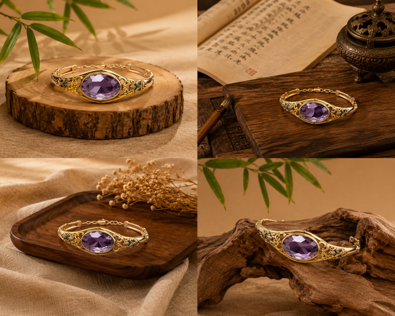 Victorian Gold Filled Bangle with Purple Stone – Antique Hinged Bracelet | Estate Jewelry | Romantic Vintage Style