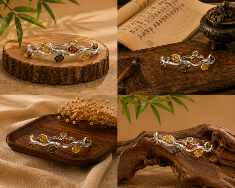 Sterling Silver Multicolour Amber Bangle Bracelet