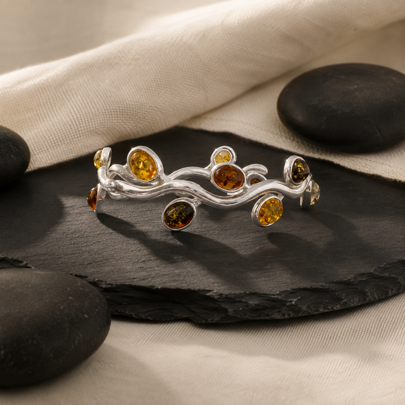 Sterling Silver Multicolour Amber Bangle Bracelet