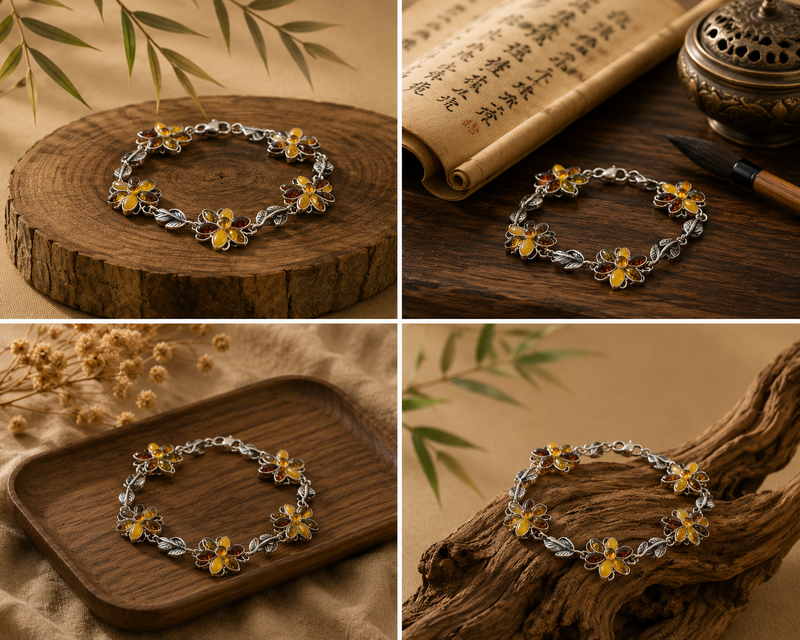 Sterling Silver Multicolour Amber Flower Bracelet