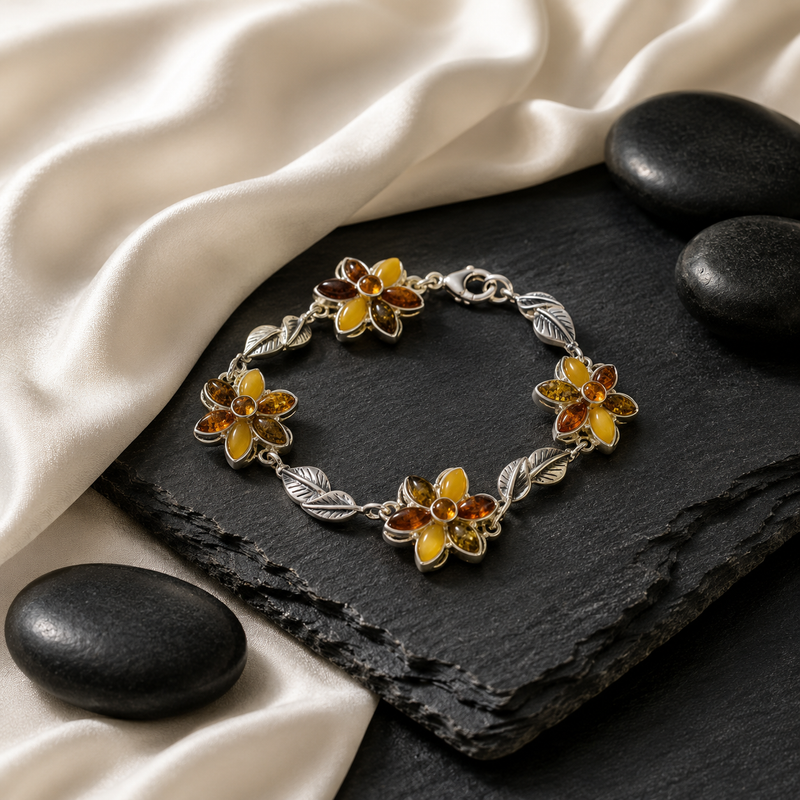 Sterling Silver Multicolour Amber Flower Bracelet