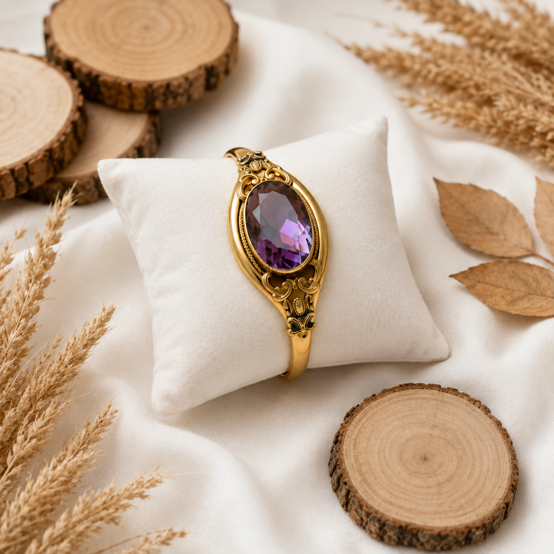 Victorian Gold Filled Bangle with Purple Stone – Antique Hinged Bracelet | Estate Jewelry | Romantic Vintage Style