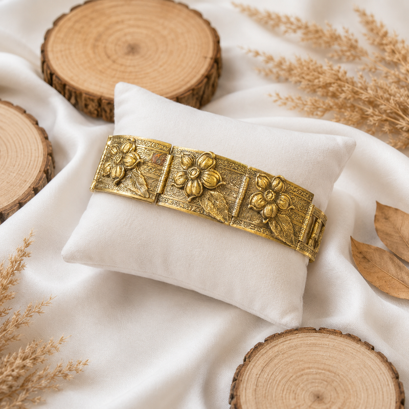 Engraved Brass Flower Statement Bracelet