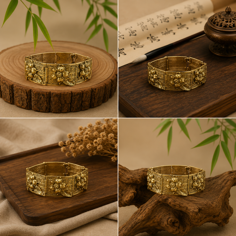 Engraved Brass Flower Statement Bracelet