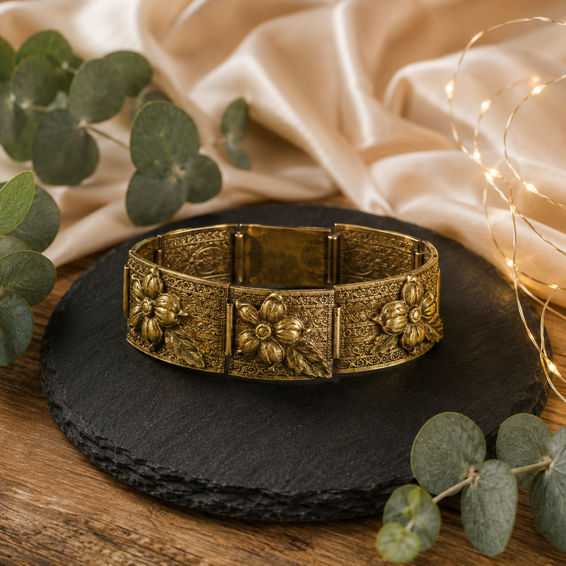 Engraved Brass Flower Statement Bracelet