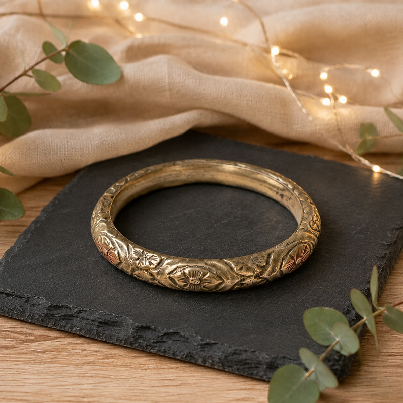Gold Floral Embossed Bangle Bracelet