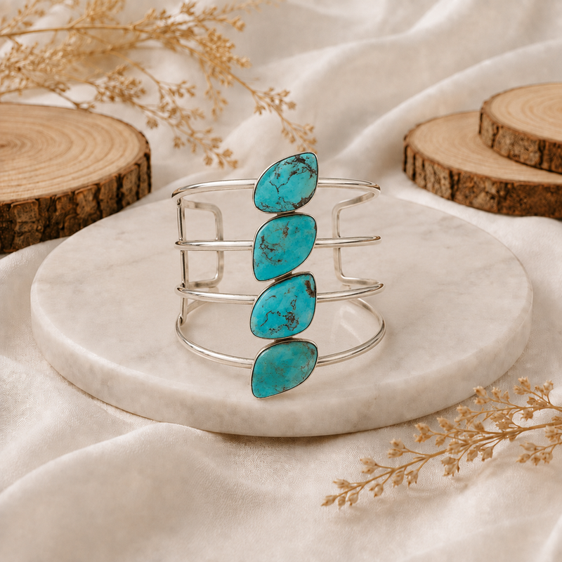 Sterling Silver Four-Stone Turquoise Cuff Bracelet.