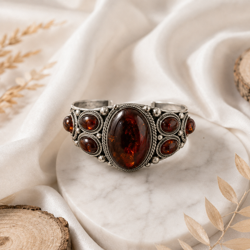 Sterling Silver Amber Cuff Bracelet.