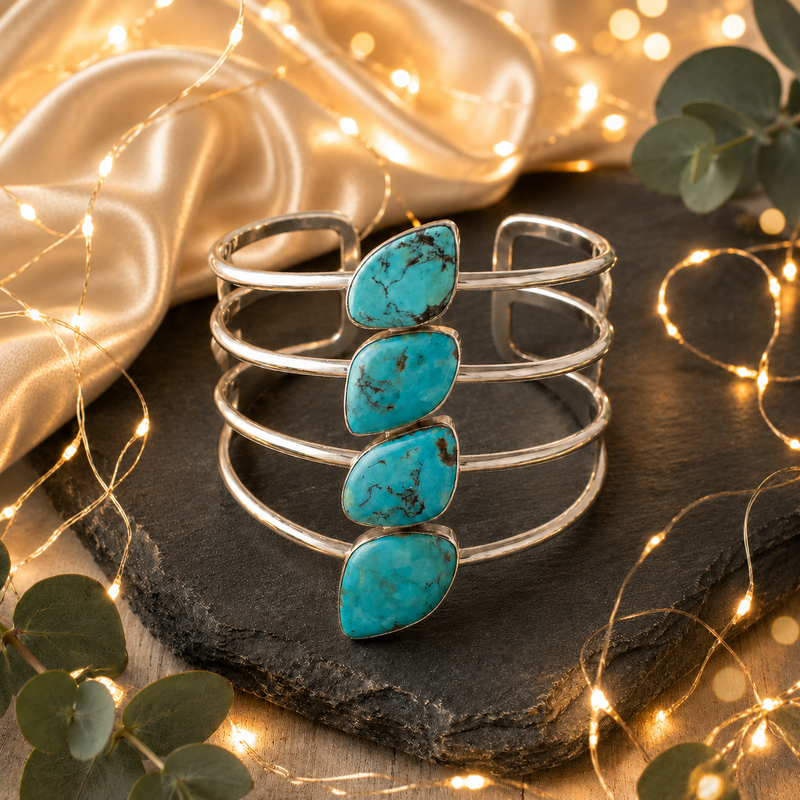 Sterling Silver Four-Stone Turquoise Cuff Bracelet.