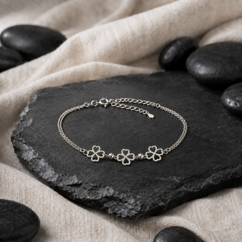 Sterling Silver Flower Clover Charm Chain Bracelet