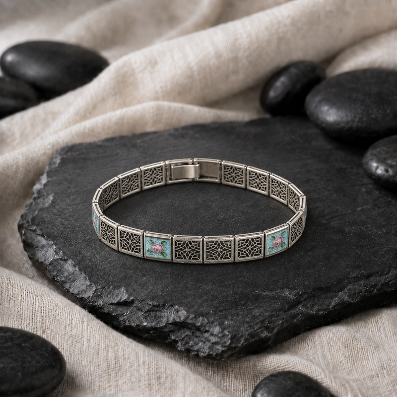 1920s Rhodium Filigree Enamel Bracelet 7" in diameter