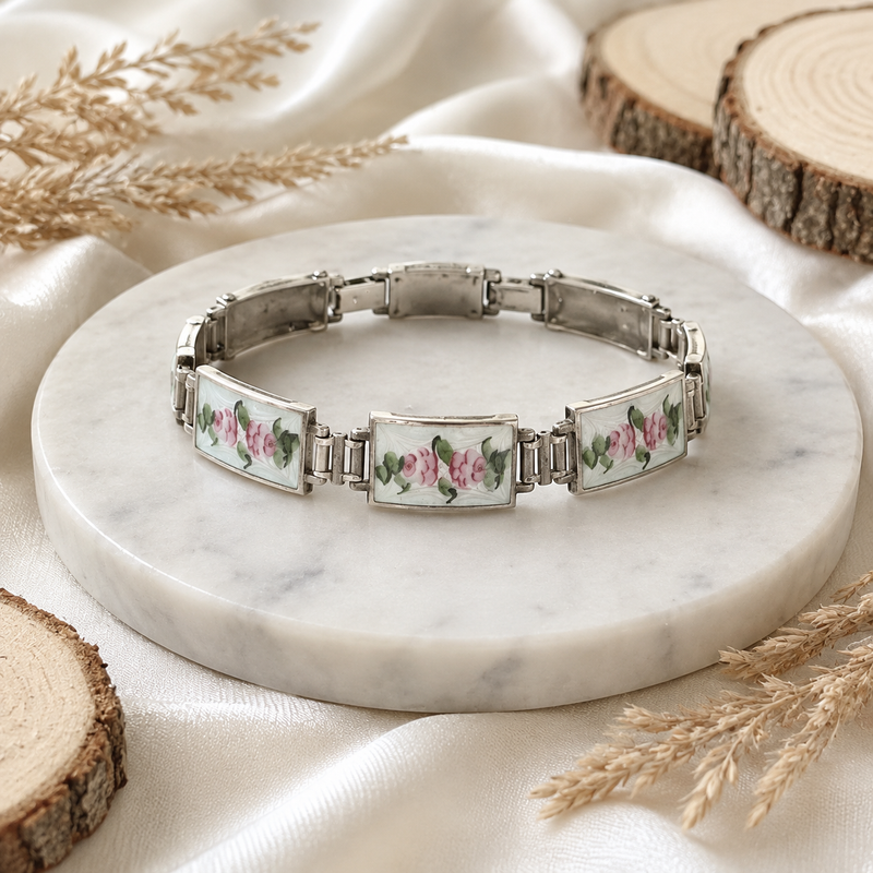 Art Deco Sterling Silver Enamel Floral Link Bracelet 6.5"