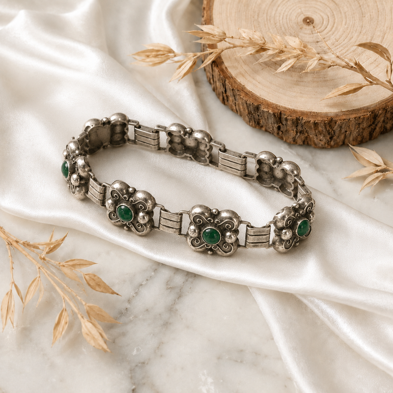 Vintage Mexican Sterling Silver Malachite Bracelet