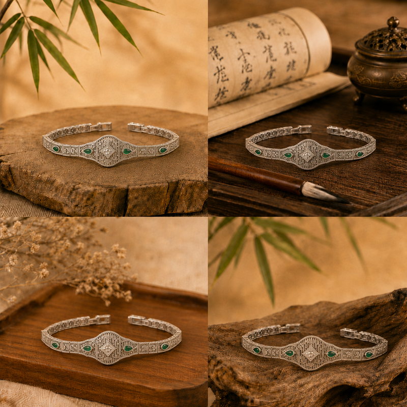 10k White Gold Filigree Emerald Accent Statement Bracelet