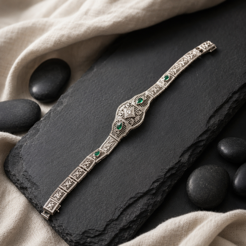 10k White Gold Filigree Emerald Accent Statement Bracelet