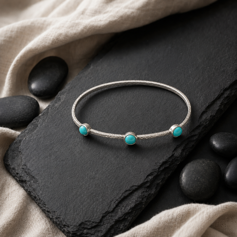 Turquoise Silver Hammered Bangle Bracelet