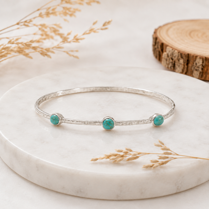 Turquoise Silver Hammered Bangle Bracelet