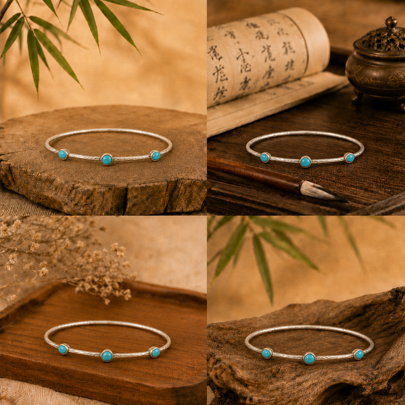 Turquoise Silver Hammered Bangle Bracelet