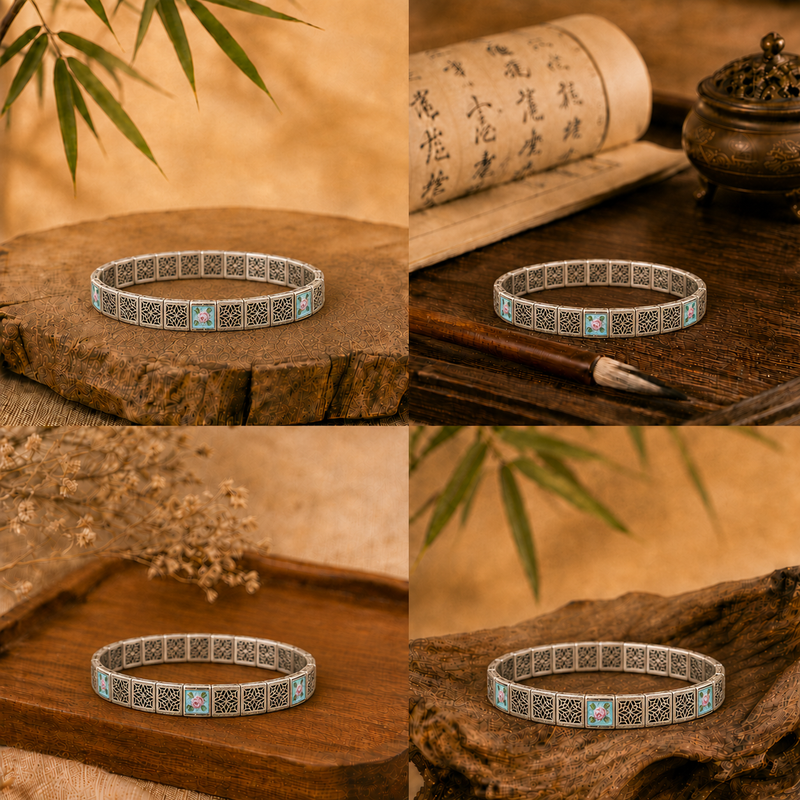 1920s Rhodium Filigree Enamel Bracelet 7" in diameter