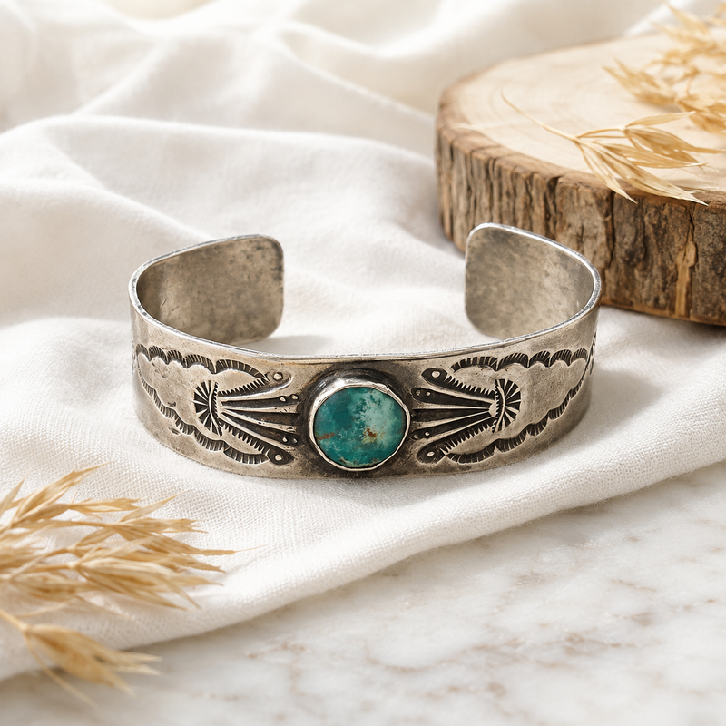 Sterling Silver Navajo and Turquoise cuff 5 1/4 with 1 inch opening