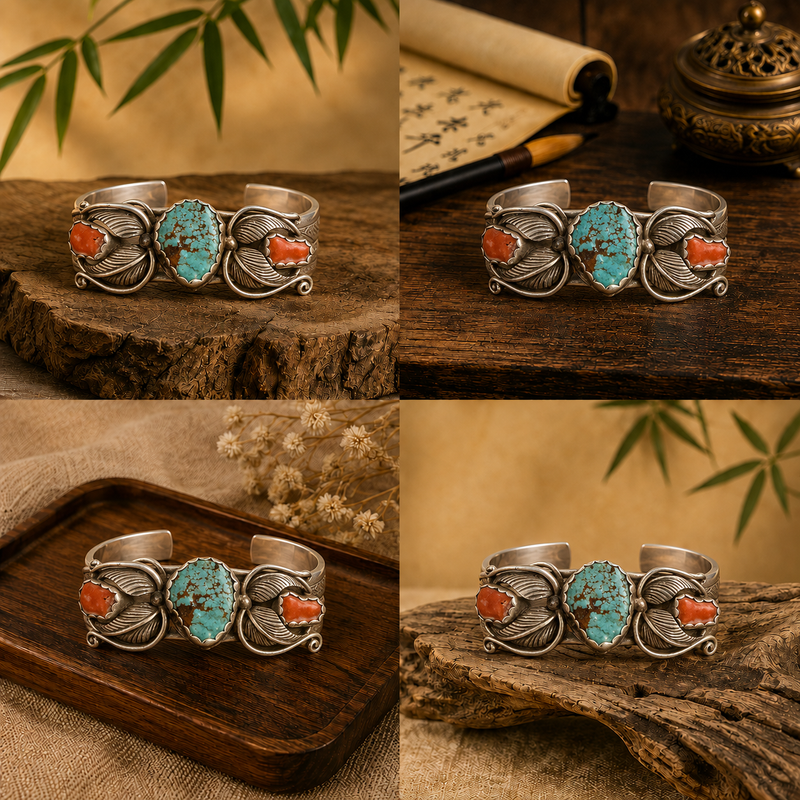 Sterling silver Navajo Turquoise and coral cuff