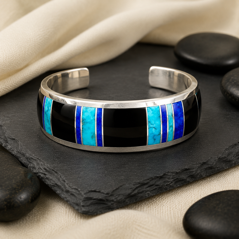 Sterling silver in laid Turquoise, coral and lapis cuff