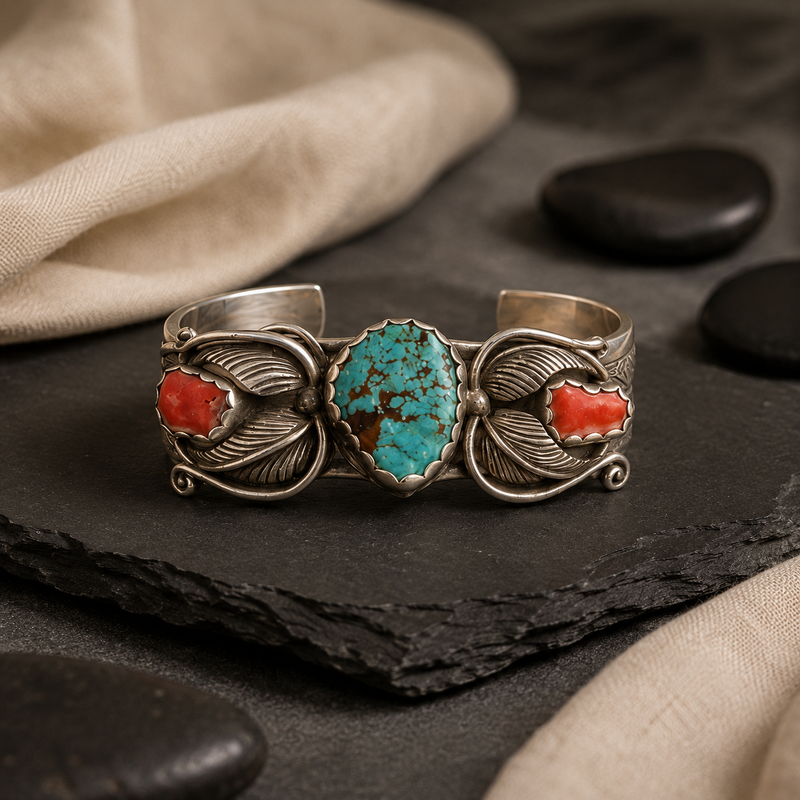 Sterling silver Navajo Turquoise and coral cuff