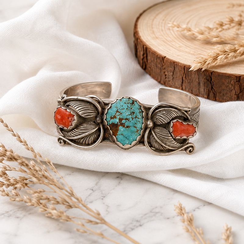 Sterling silver Navajo Turquoise and coral cuff