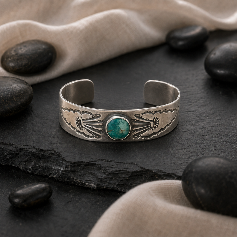 Sterling Silver Navajo and Turquoise cuff 5 1/4 with 1 inch opening