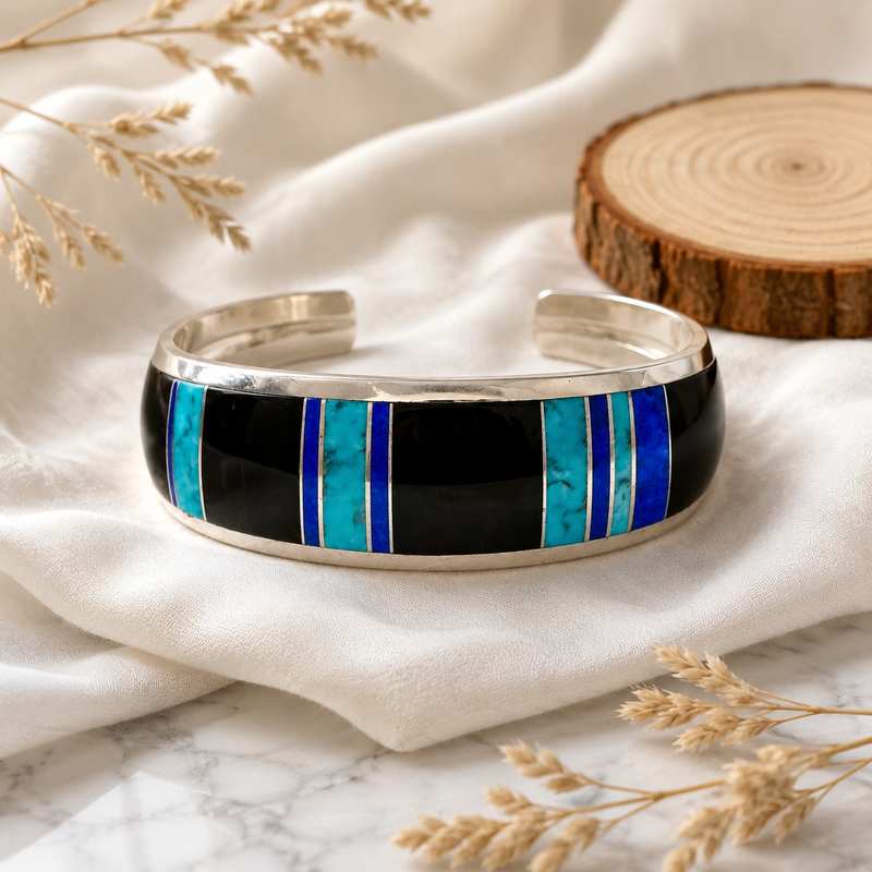 Sterling silver in laid Turquoise, coral and lapis cuff