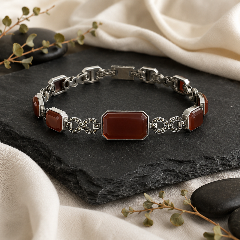Art Deco sterling silver marcasite & carnelian bracelet - 7”