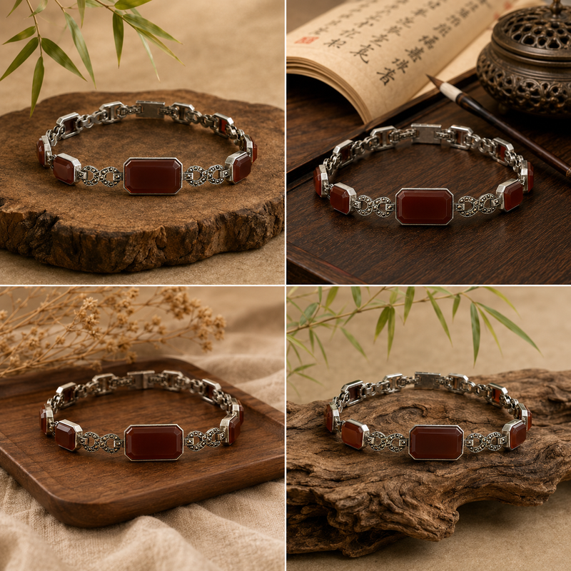 Art Deco sterling silver marcasite & carnelian bracelet - 7”