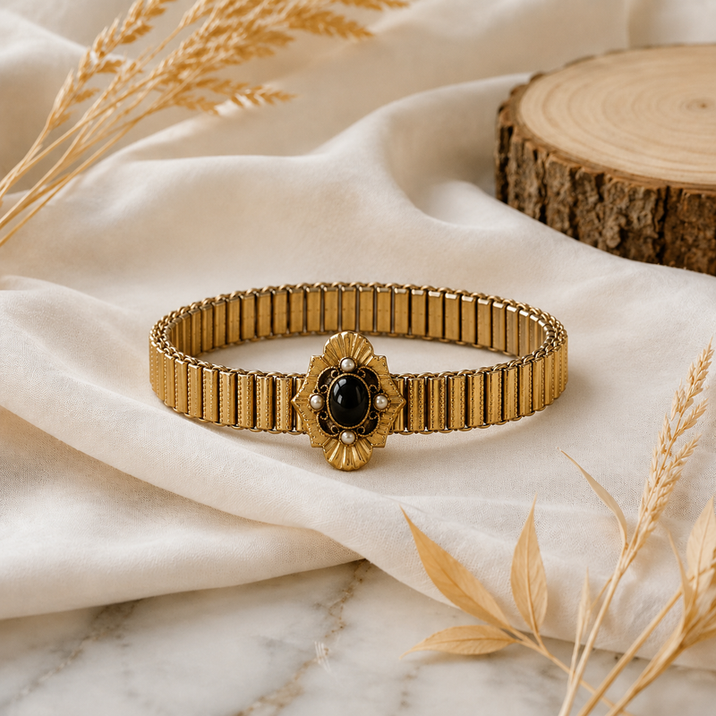 Gold Filled Victorian Slide bracelet with onyx & seeded pearls