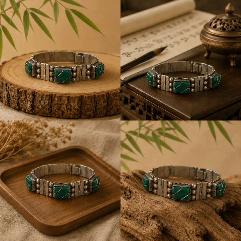 Sterling Silver Green Onyx Bracelet – Vintage Gemstone Bracelet – Elegant Statement Jewelry – 7 1/4"