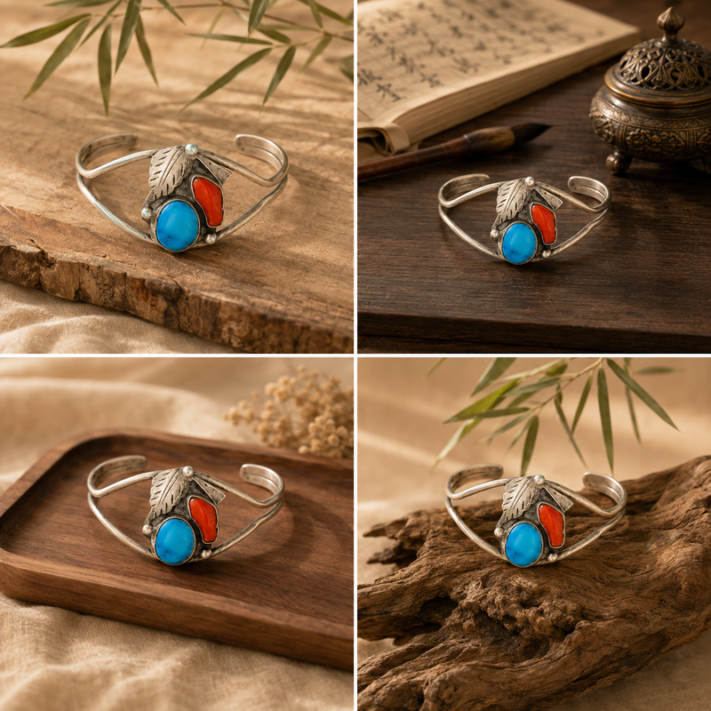 Sterling Silver Turquoise & Coral Cuff Bracelet