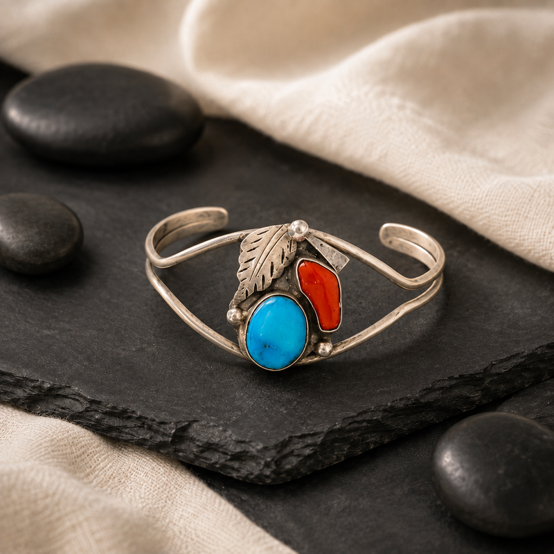 Sterling Silver Turquoise & Coral Cuff Bracelet