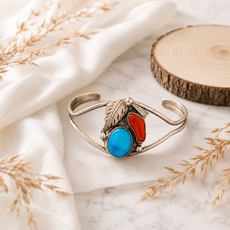 Sterling Silver Turquoise & Coral Cuff Bracelet
